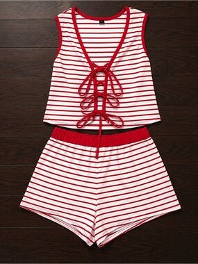 Red & White Striped Lounge Set | Tie-Front Crop Top | Comfy Summer Two-Piece Set